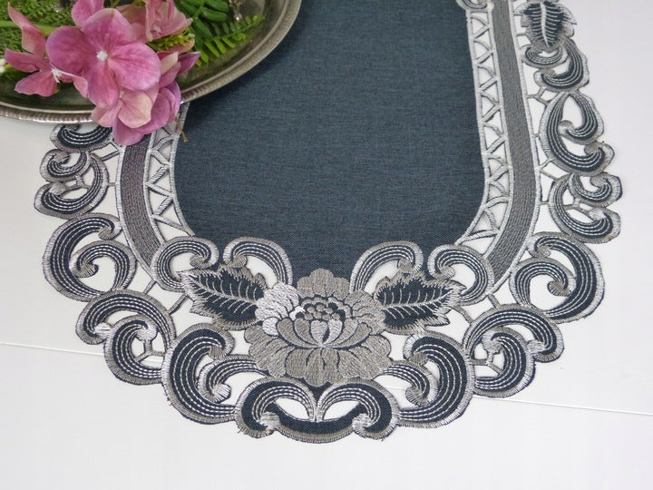 Embroidered table runner in shades of silver, gray and black Guipur image 4