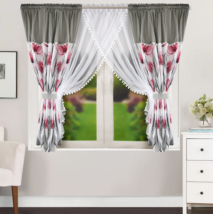 ESTONIA set of curtains with pink tulips with pompoms image 1
