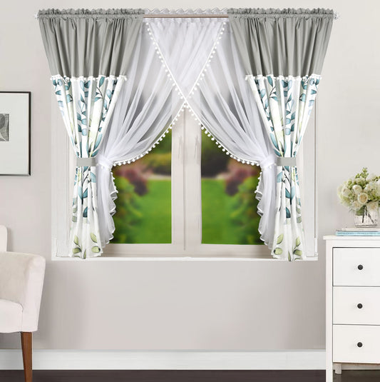 ESTONIA set of curtains with green leaves with pompoms image 1