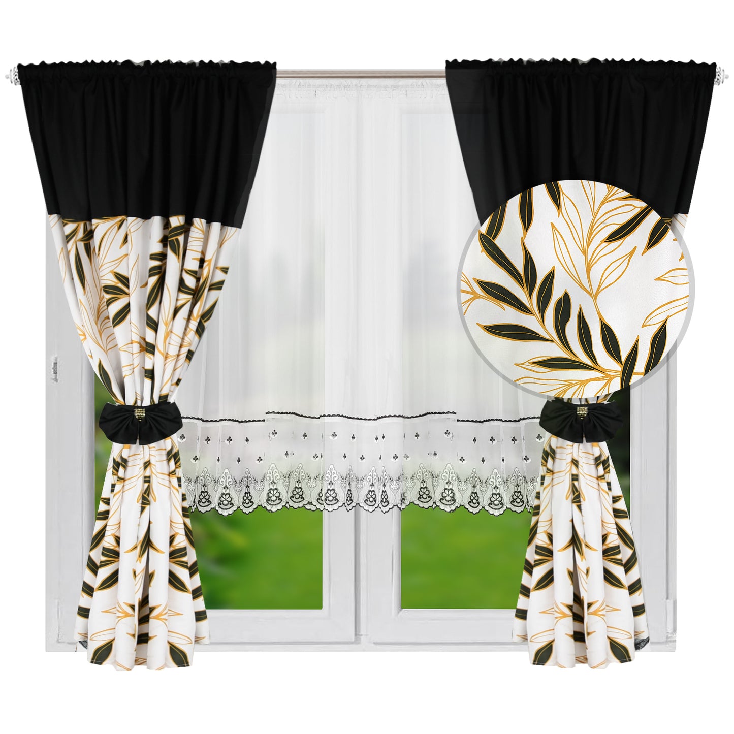 RANDY set of curtains with black and yellow leaves image 0