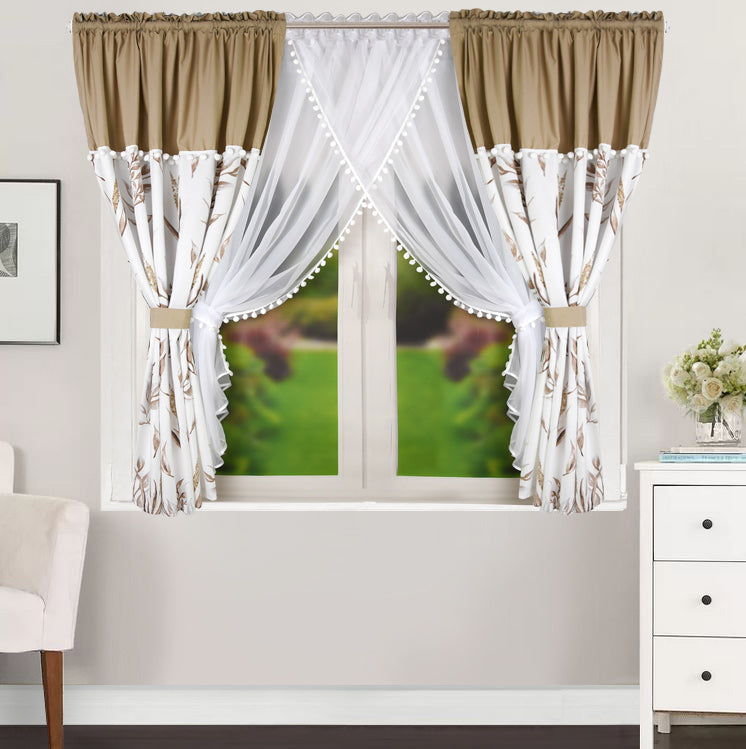 ESTONIA set of curtains with beige leaves with pompoms / UK Curtains image 1