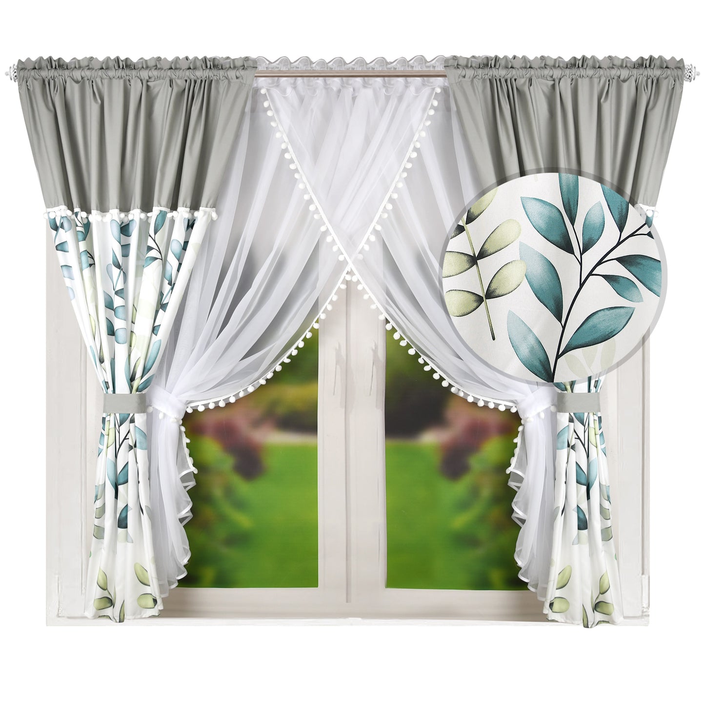 ESTONIA set of curtains with green leaves with pompoms image 0