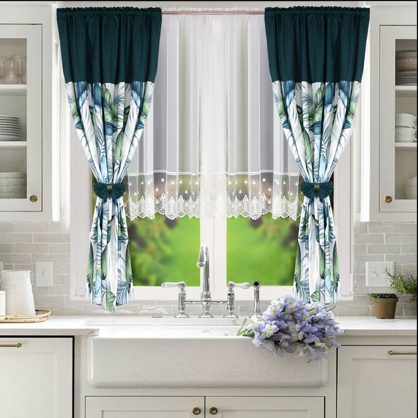 RANDY set of curtains with blue-green leaves image 1