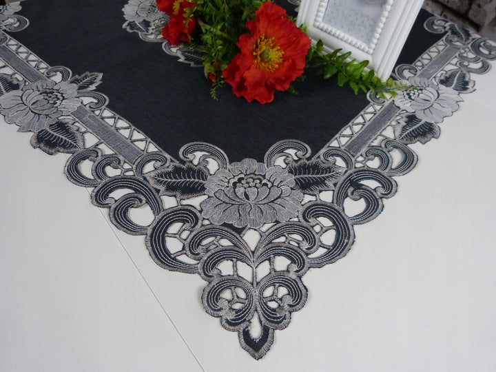 Embroidered table runner in shades of silver, gray and black Guipur image 1