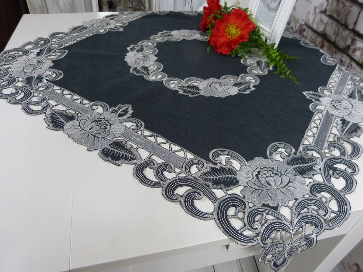 Embroidered table runner in shades of silver, gray and black Guipur image 2