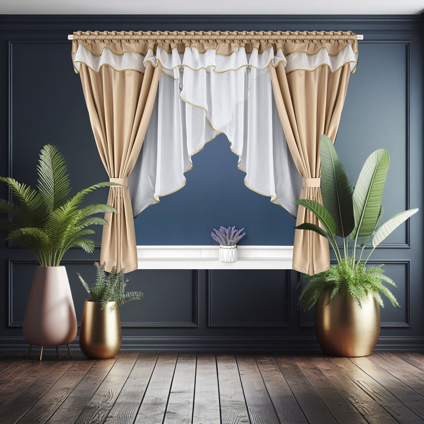 WERA - Beige curtain set with voile curtain + lambrequin image 1