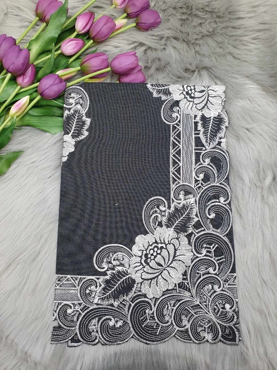 Embroidered table runner in shades of silver, gray and black Guipur image 3