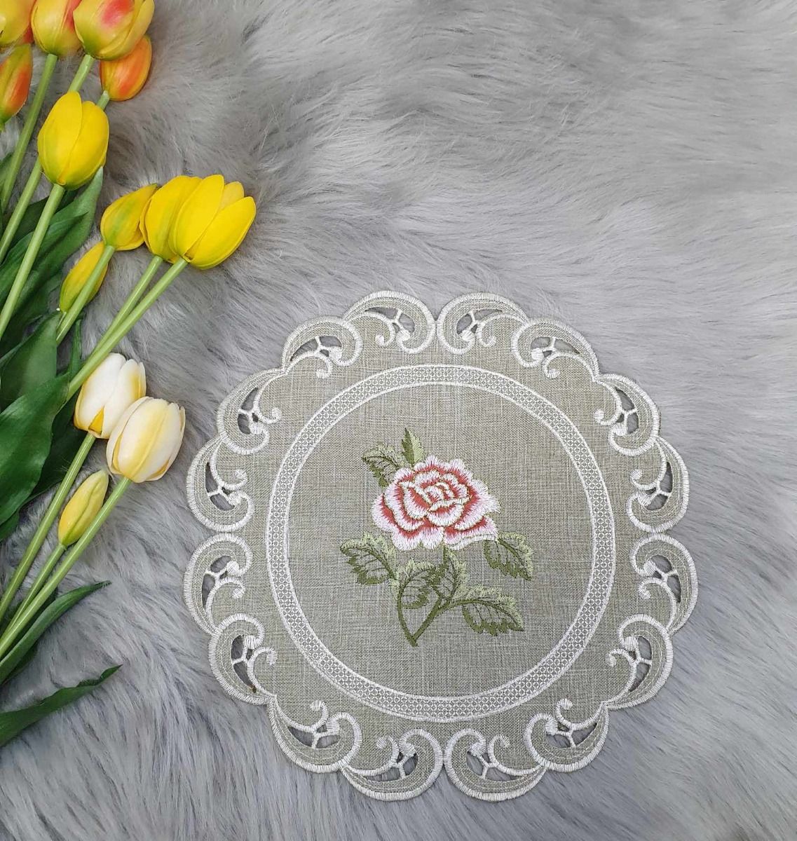 Amaizing Uniquely Embroidered Doilie Doily Napkin with a Rose Theme SIZE: 30cm image 1