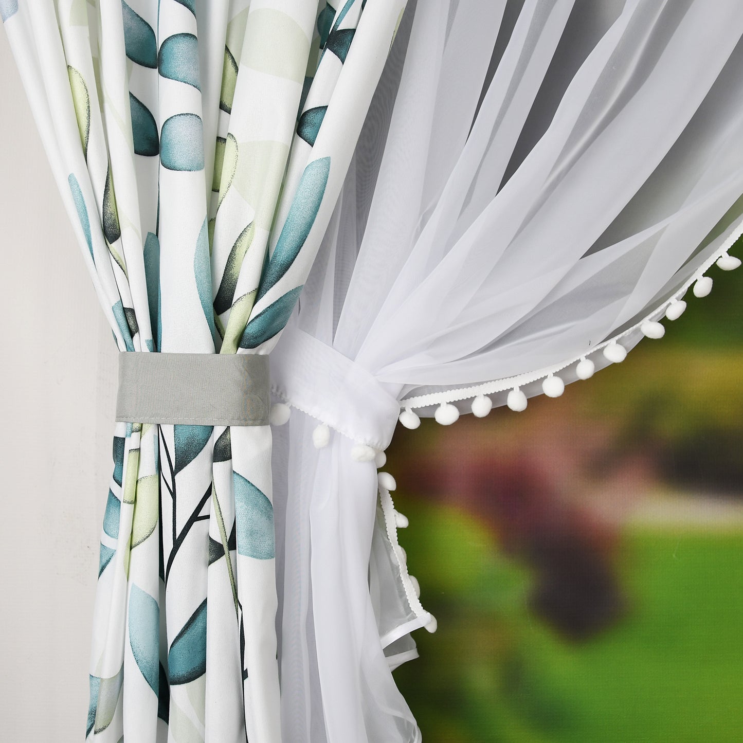 ESTONIA set of curtains with green leaves with pompoms image 3