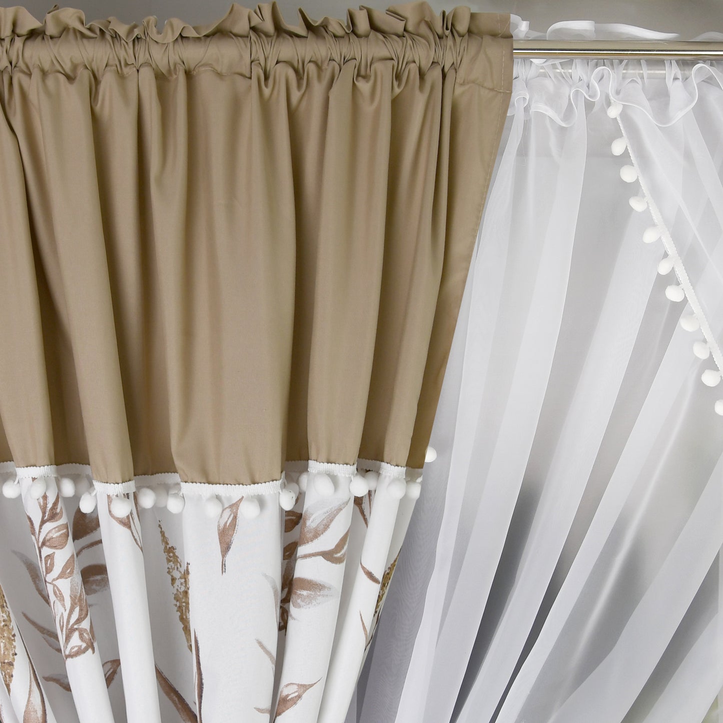 ESTONIA set of curtains with beige leaves with pompoms / UK Curtains image 2