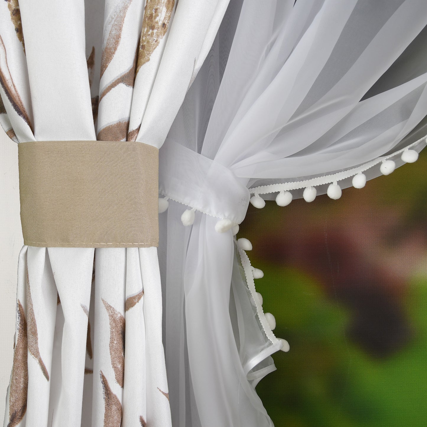 ESTONIA set of curtains with beige leaves with pompoms / UK Curtains image 3