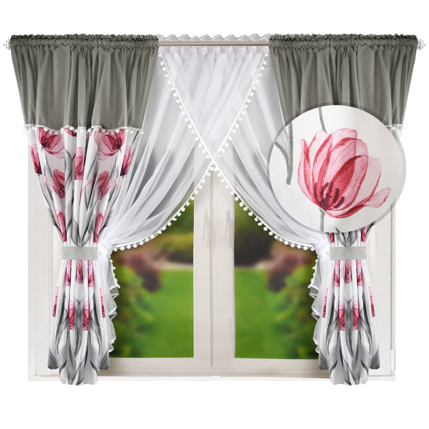 ESTONIA set of curtains with pink tulips with pompoms image 0