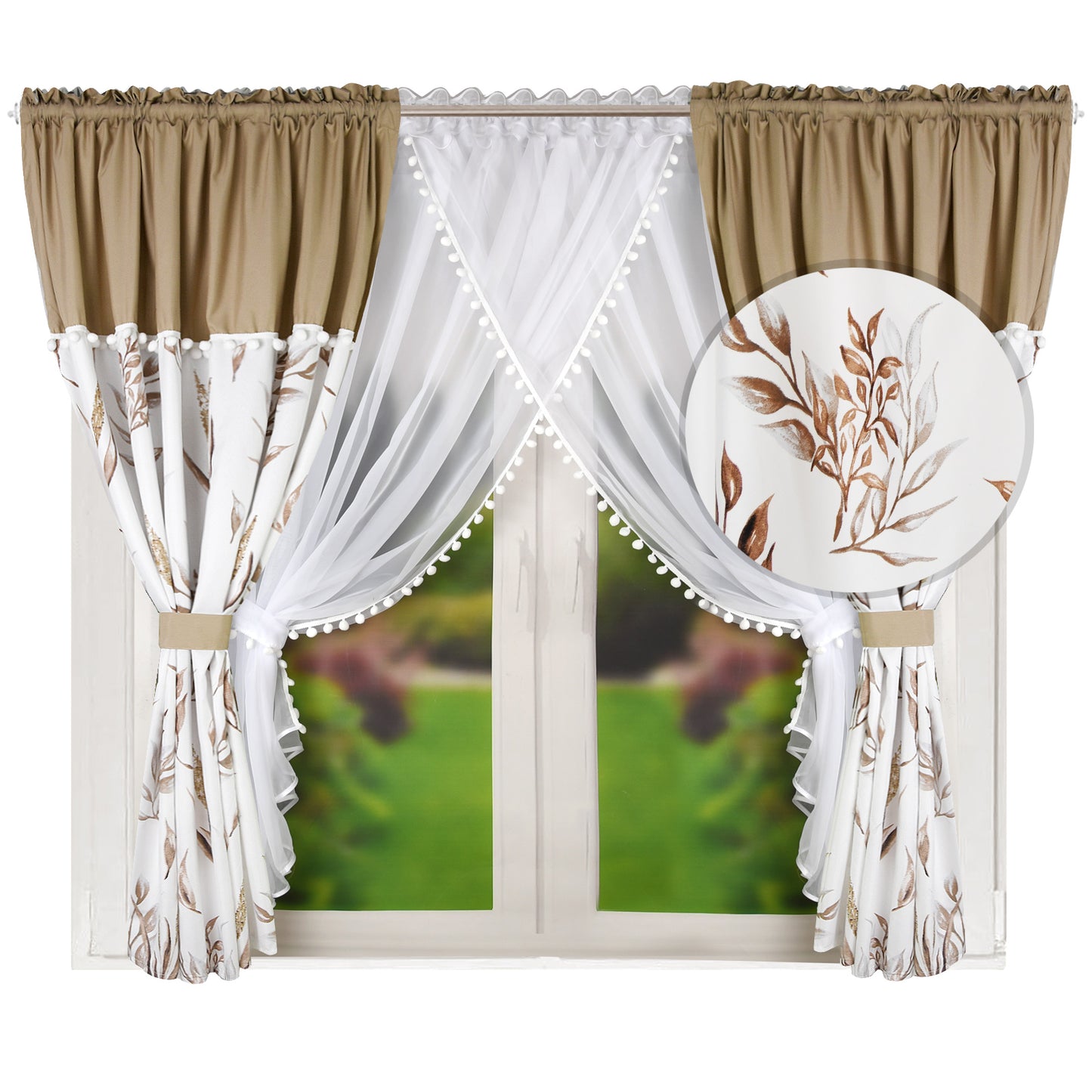 ESTONIA set of curtains with beige leaves with pompoms / UK Curtains image 0
