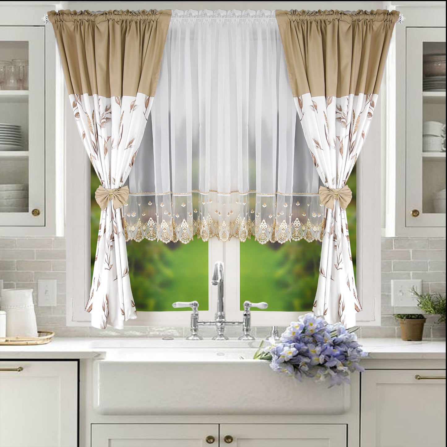 RANDY set of curtains with beige leaves image 1