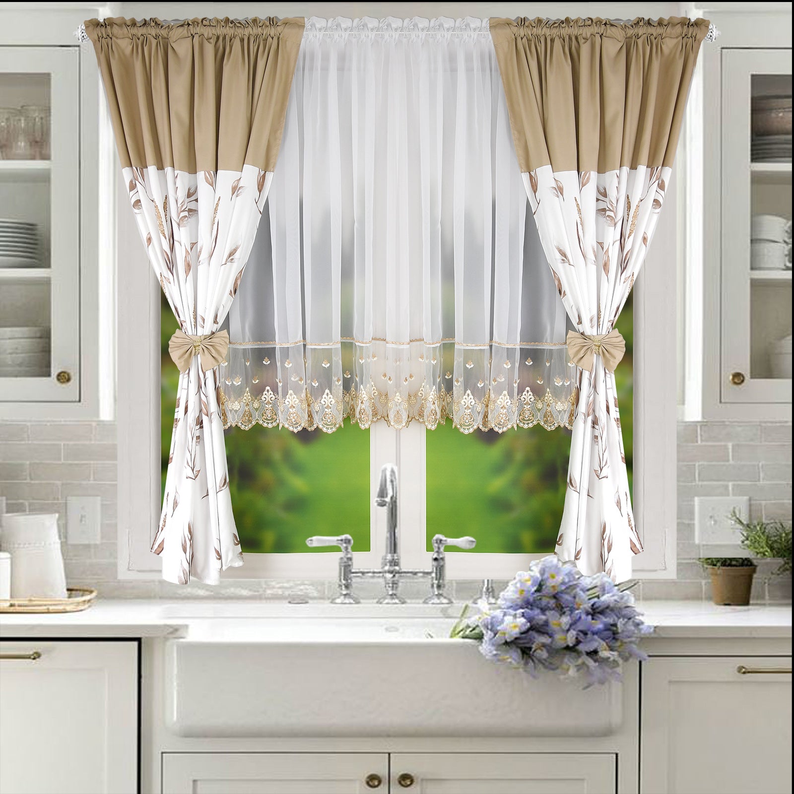 RANDY set of curtains with beige leaves image 1