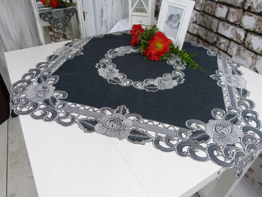 Embroidered table runner in shades of silver, gray and black Guipur image 0