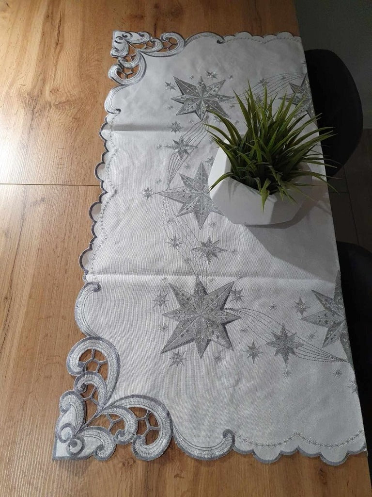TABLECLOTH MAGIC STARS  - Table Runner - White & Silver - Style 2 image 0