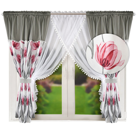 ESTONIA set of curtains with pink tulips with pompoms image 0