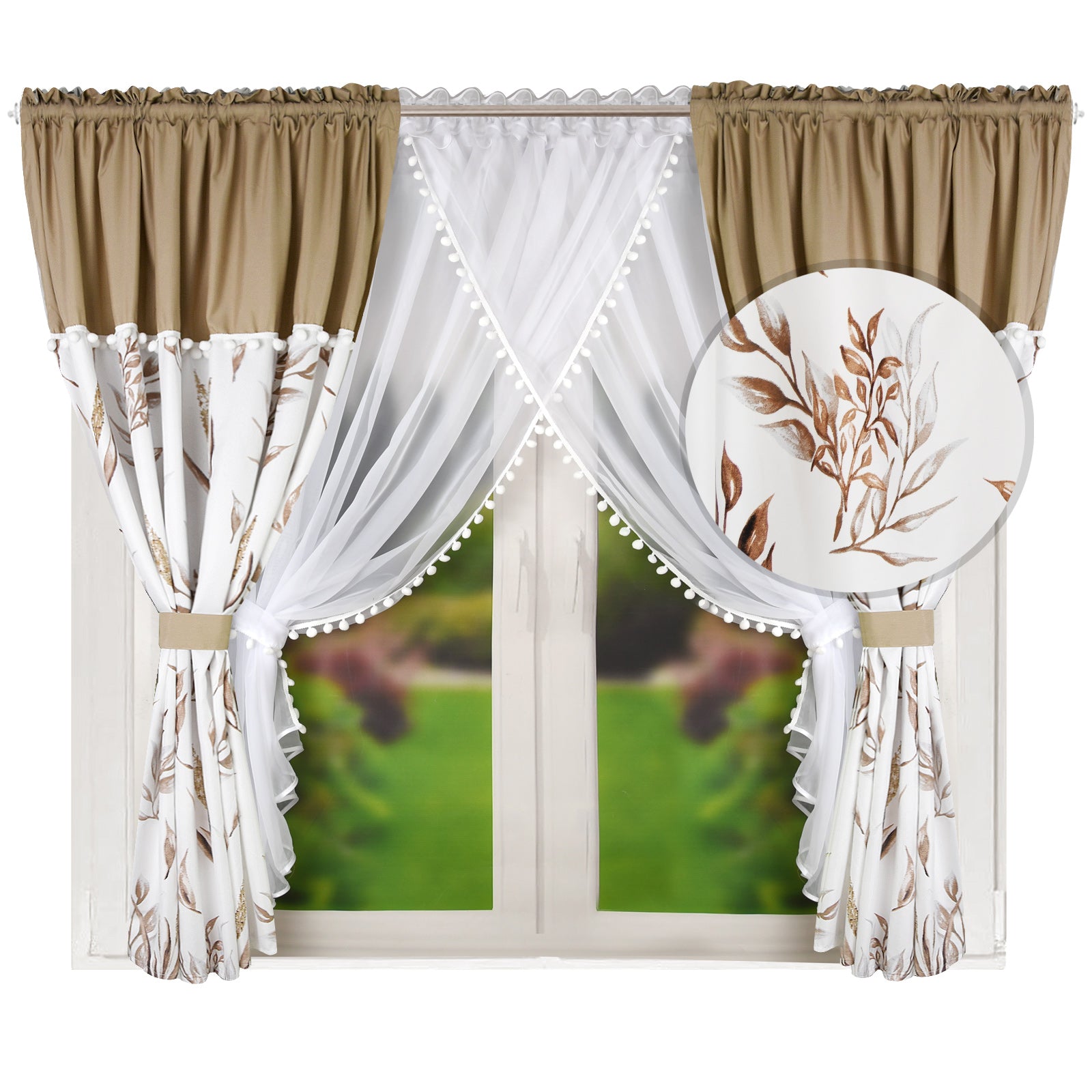 ESTONIA set of curtains with beige leaves with pompoms / UK Curtains image 0