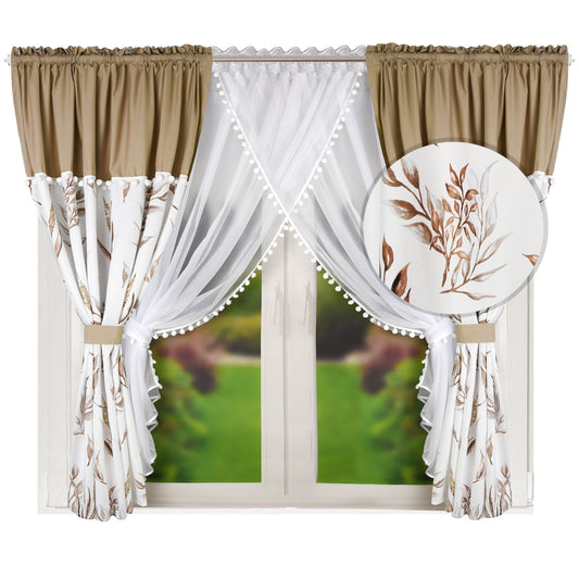 ESTONIA set of curtains with beige leaves with pompoms / UK Curtains image 0