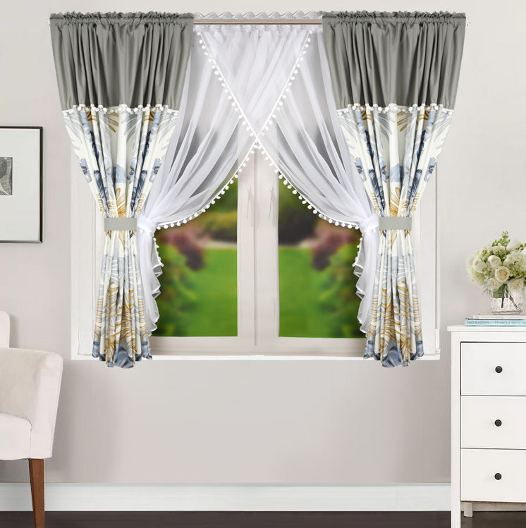 ESTONIA set of curtains with grey leaves with pompoms image 1