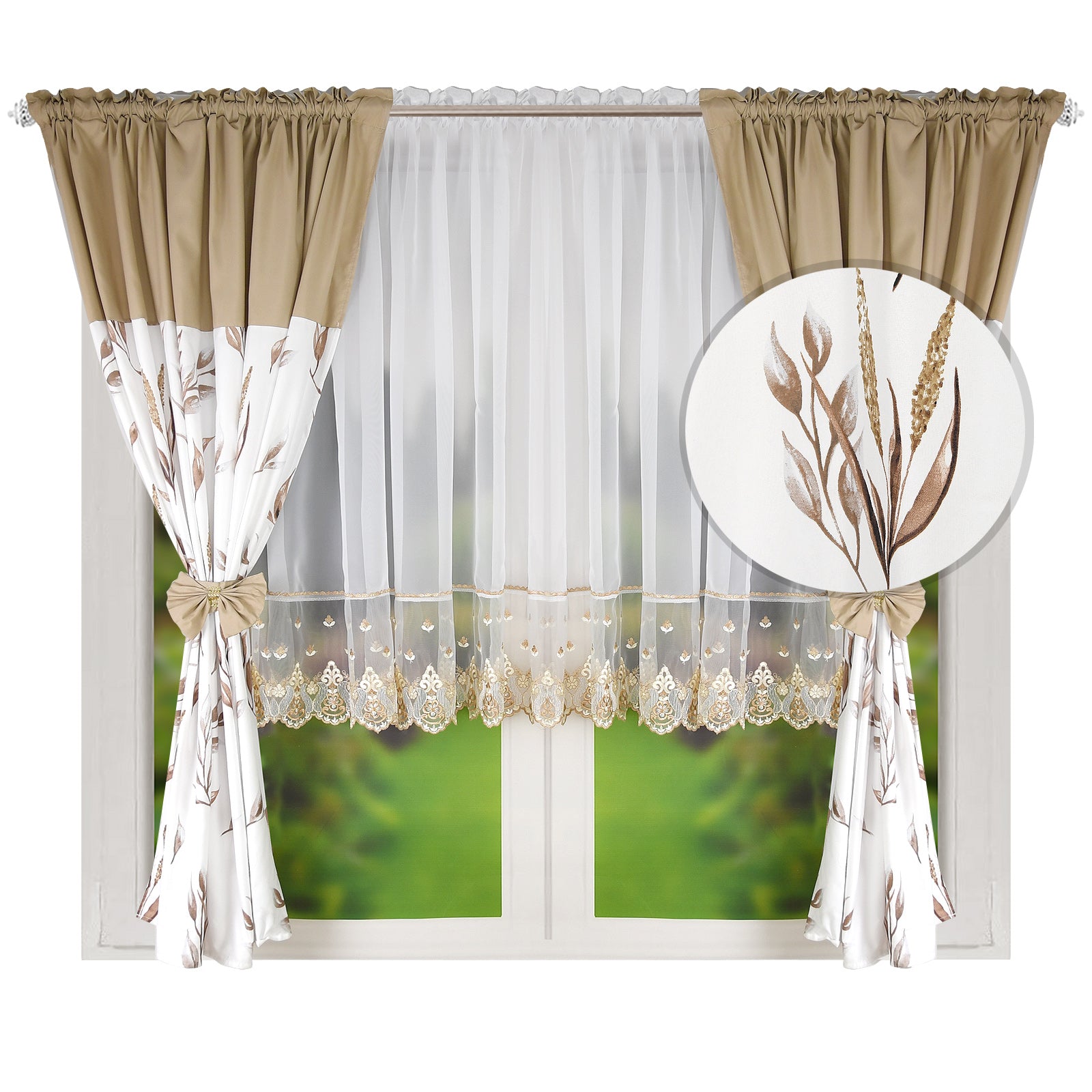 RANDY set of curtains with beige leaves image 0