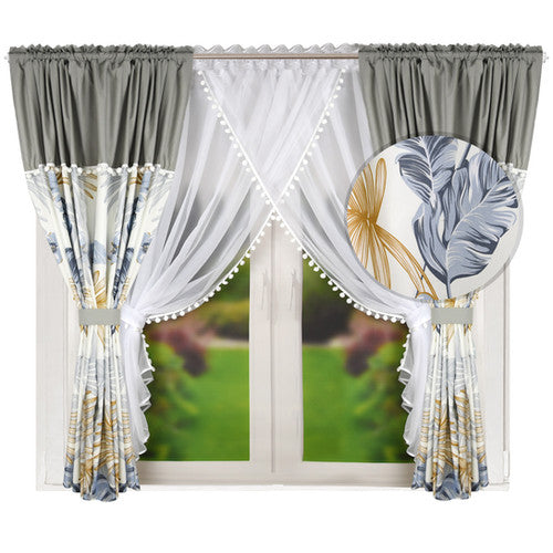ESTONIA set of curtains with grey leaves with pompoms | Sabi's Curtains